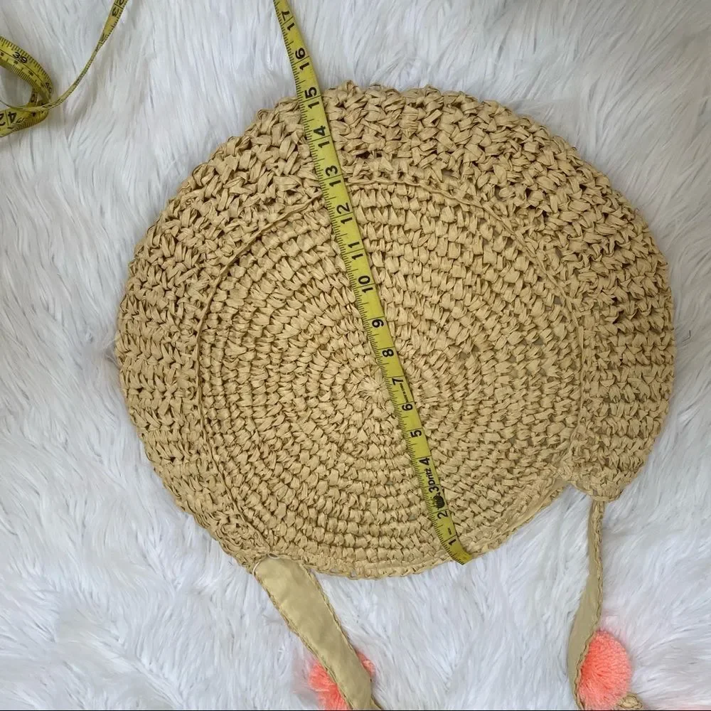 NEW SHIRALEAH round straw bag with Pom Pom strap